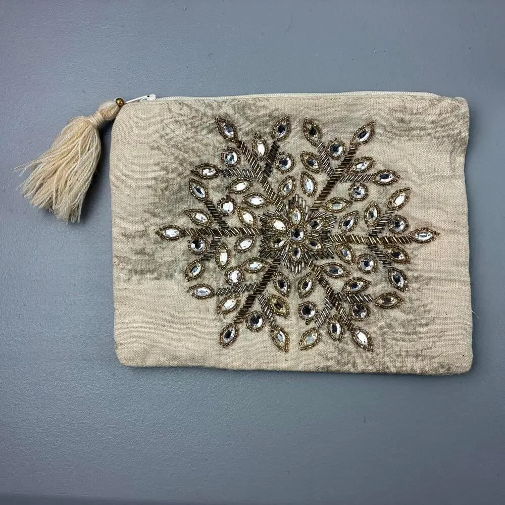 Embellished Beige Cosmetic Bag with Tassel and Zipper Closure